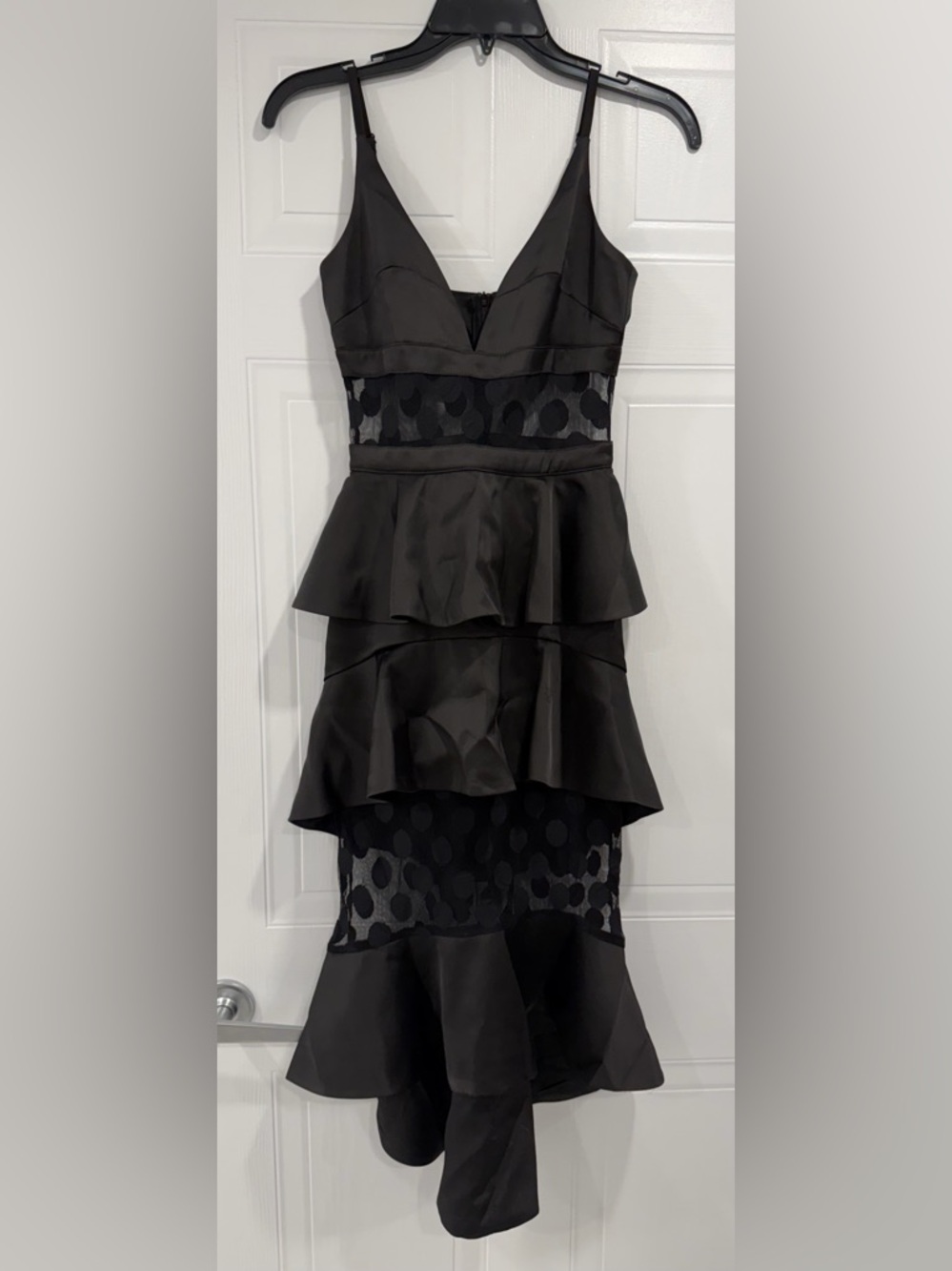 Lap of Luxury | Black Tiered Peplum Dress with Sheer Dots